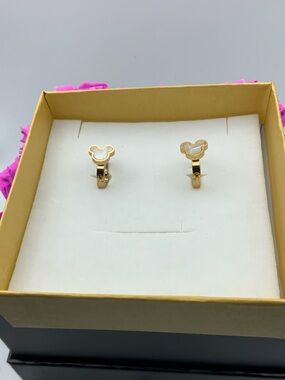 Gold Tone Mouse Ear Hoop Earrings with White Inlay - Women Jewelry